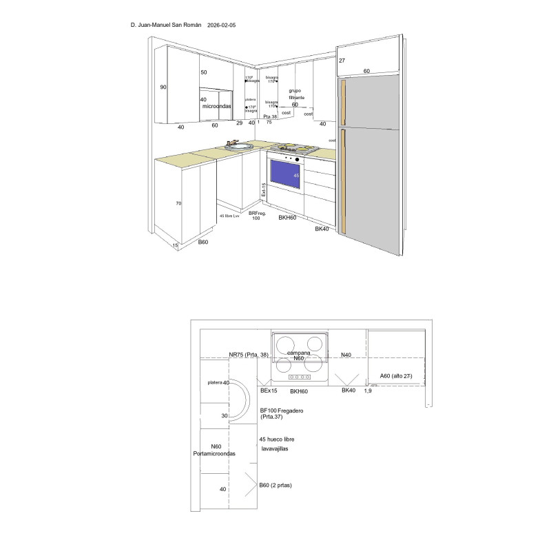 Cocina completa, modelo París, color Roble 180. Según plano